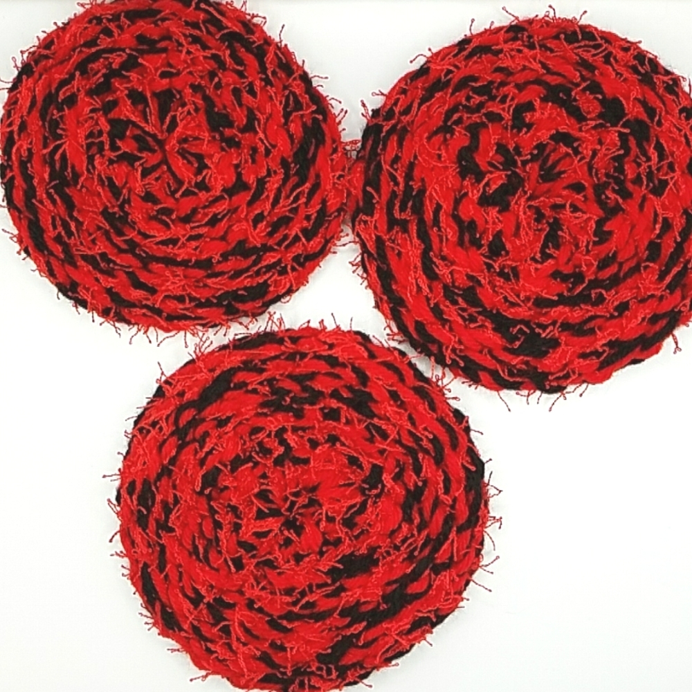 Eco-Friendly Variegated Yarn Kitchen Scrubbers Set of 3 Red And Black Handmade